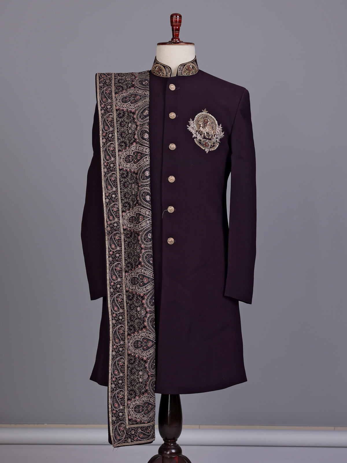 Wine embellished premium mens indo western