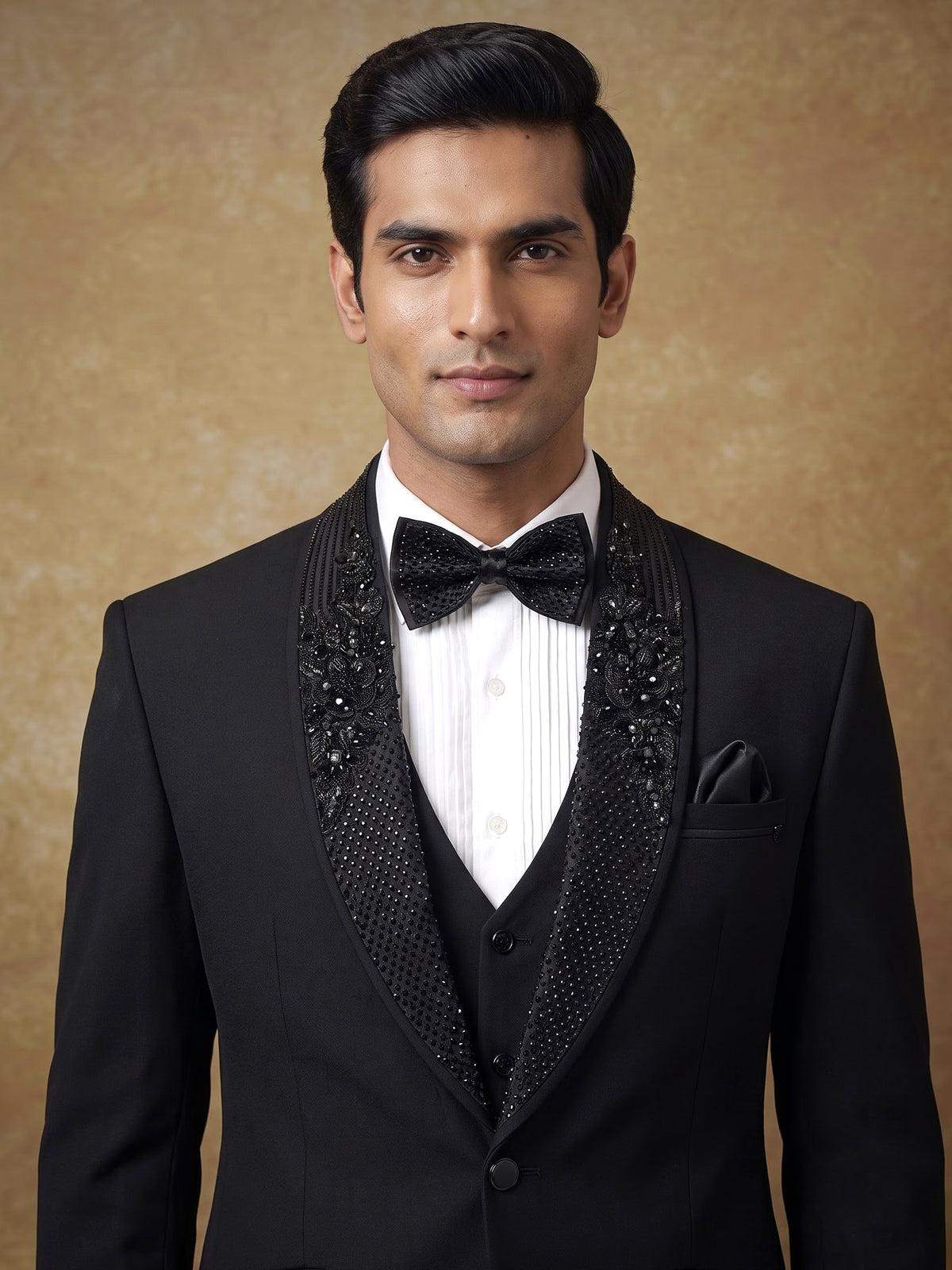 Black embellished terry rayon shawl lapel coat suit for mens