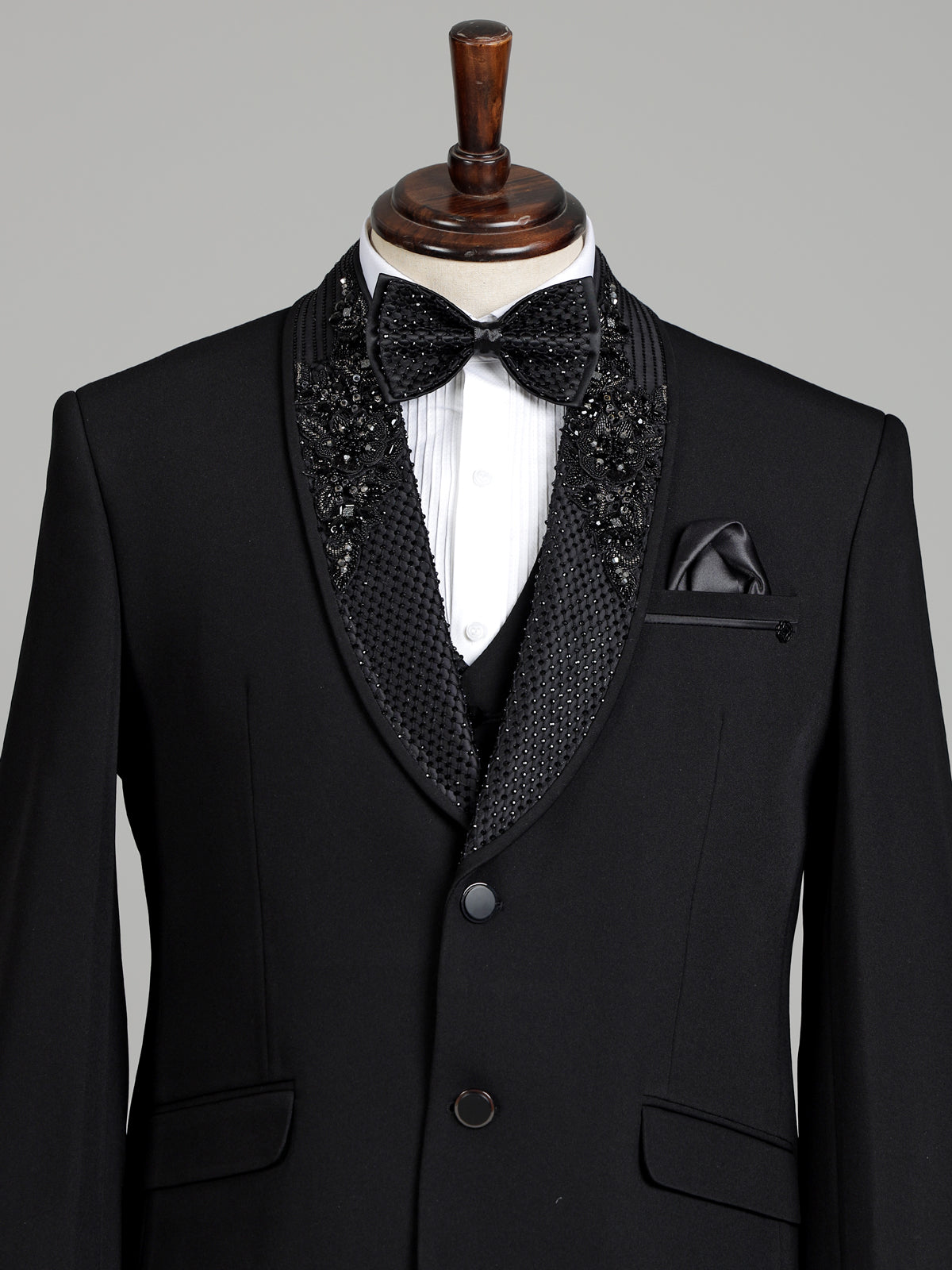 Black embellished terry rayon shawl lapel coat suit for mens