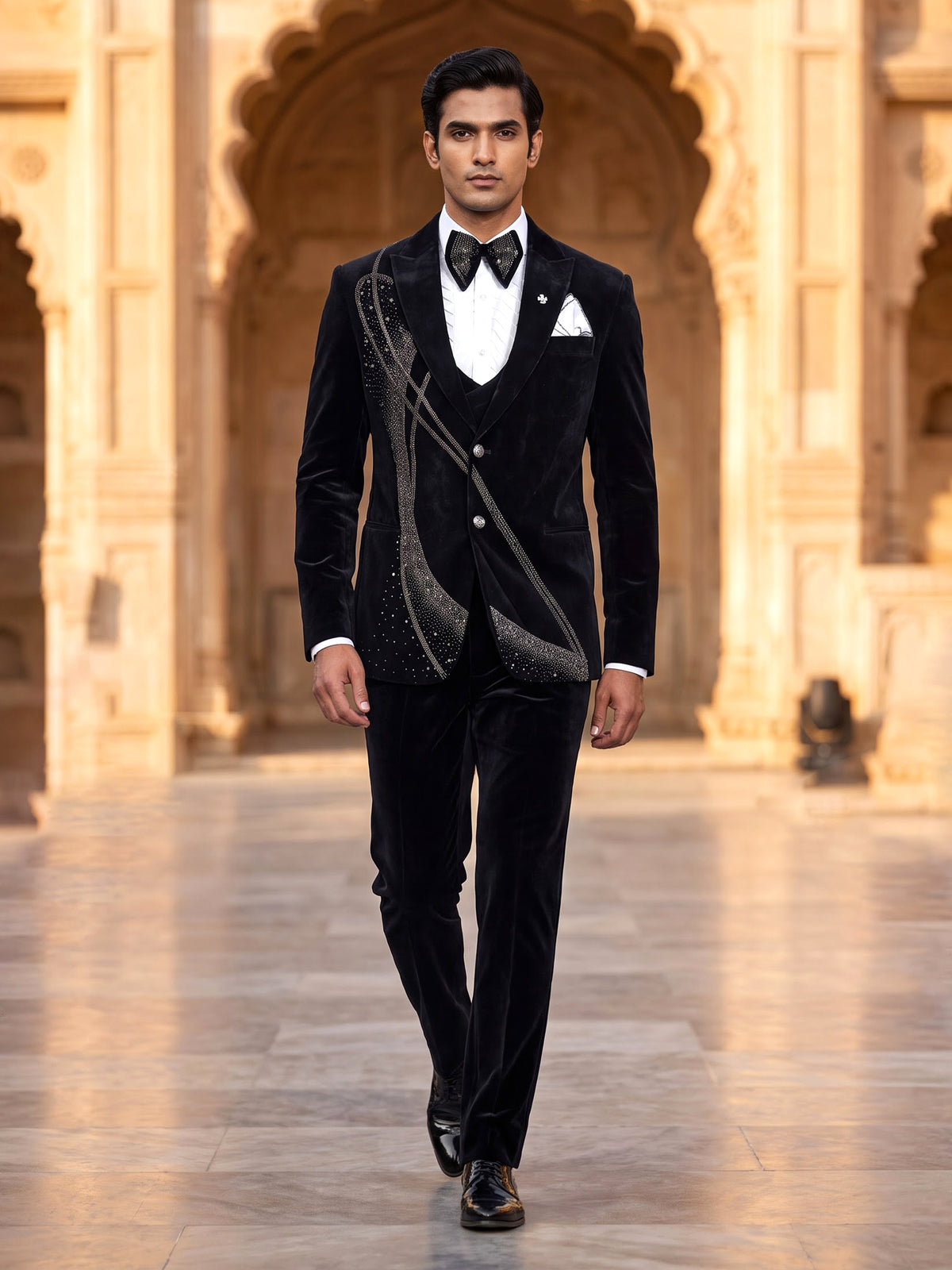 Black micro velvet embellished peak lapel coat suit for mens