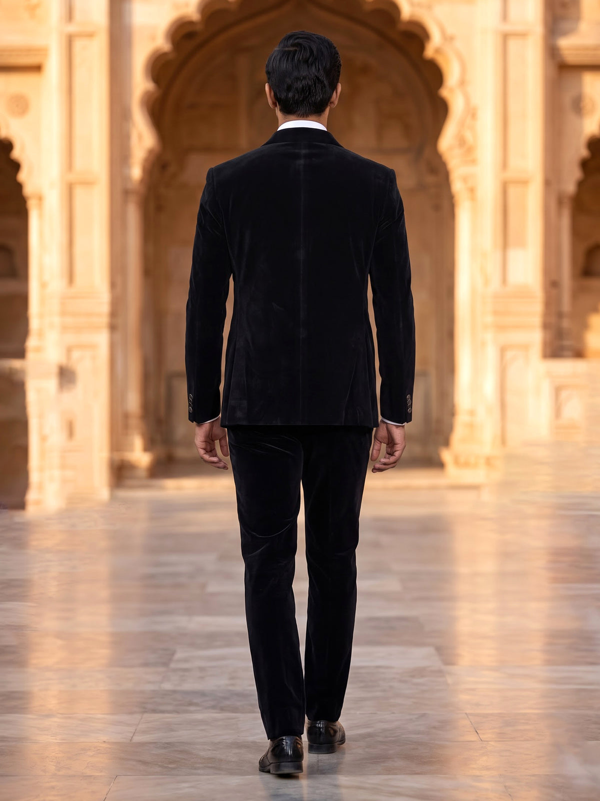 Black micro velvet embellished peak lapel coat suit for mens