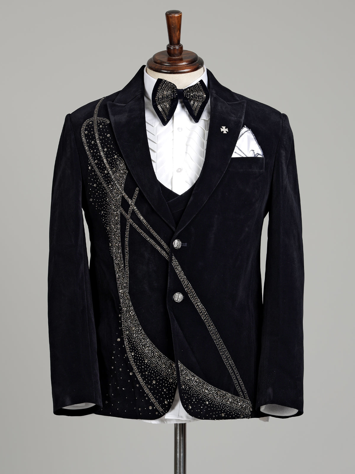 Black micro velvet embellished peak lapel coat suit for mens