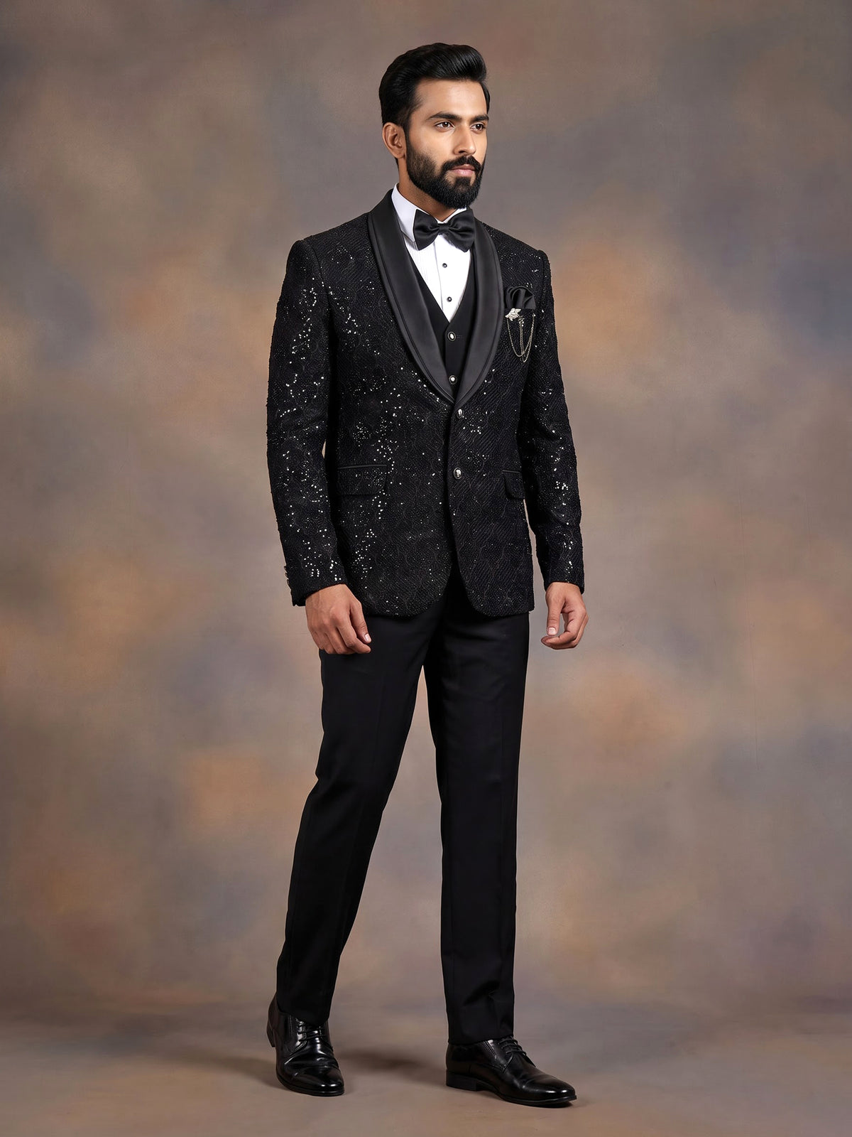 Black silk embroidered shawl lapel coat suit for mens weddings
