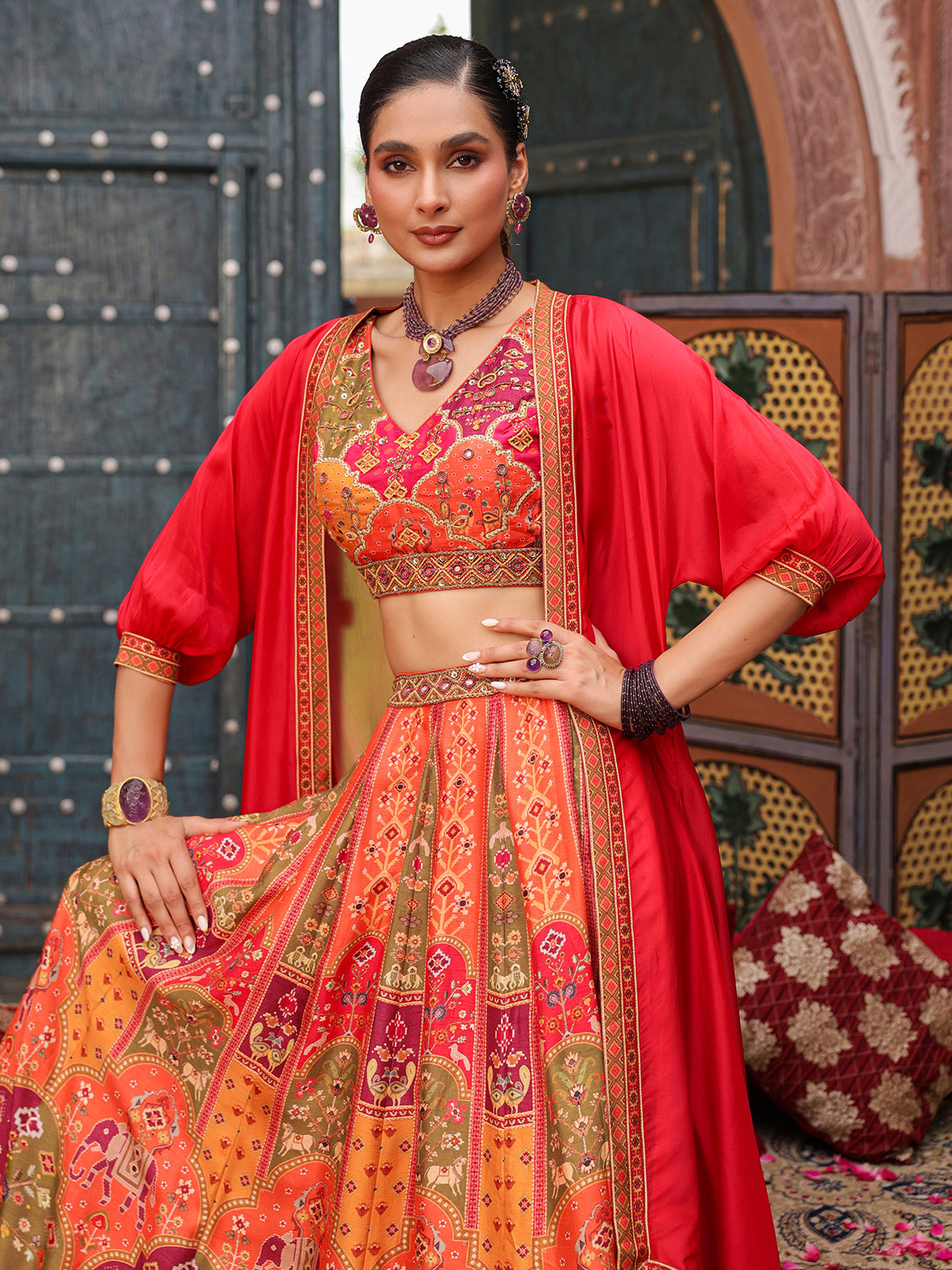 Deep orange ethnic printed lehenga choli with stylish jacket