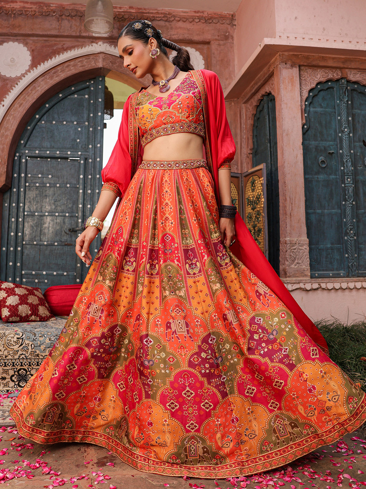 Deep orange ethnic printed lehenga choli with stylish jacket