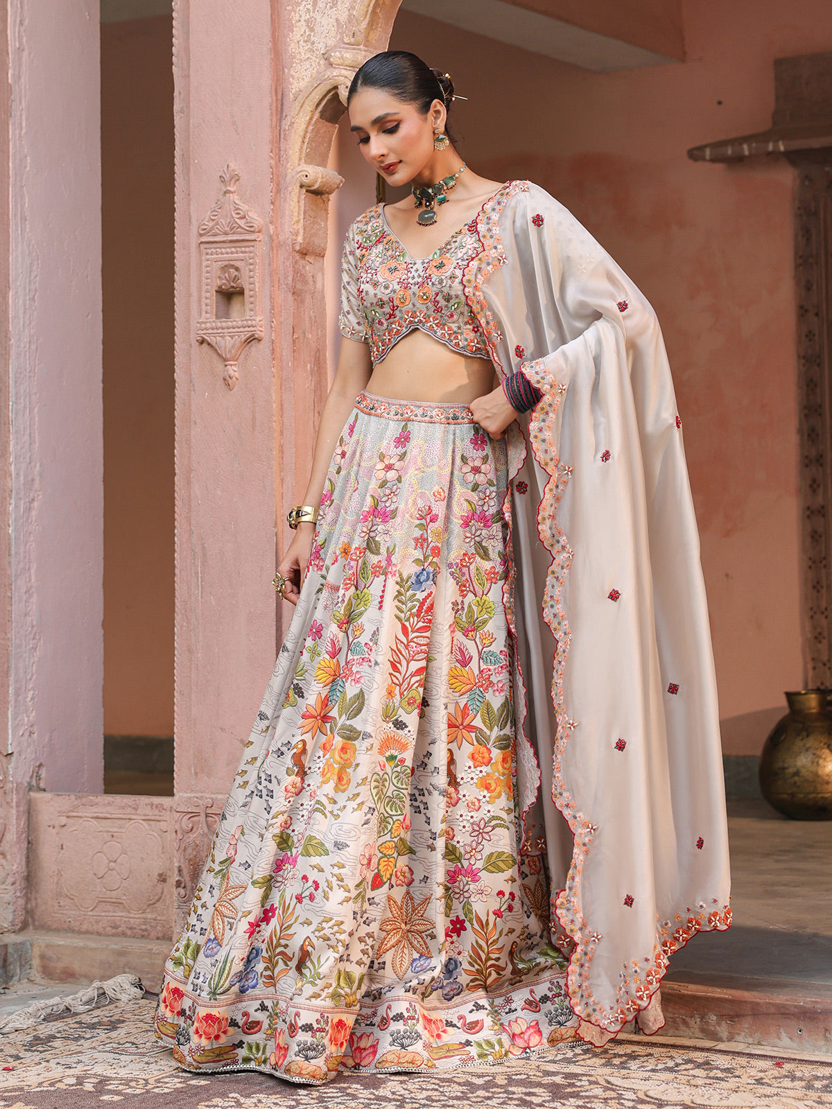 Cloud grey floral printed lehenga choli with elegant dupatta