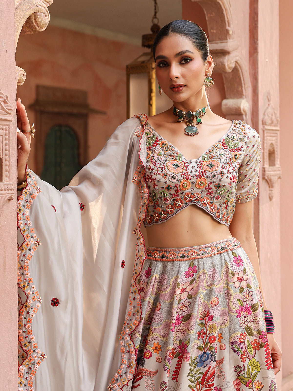 Cloud grey floral printed lehenga choli with elegant dupatta