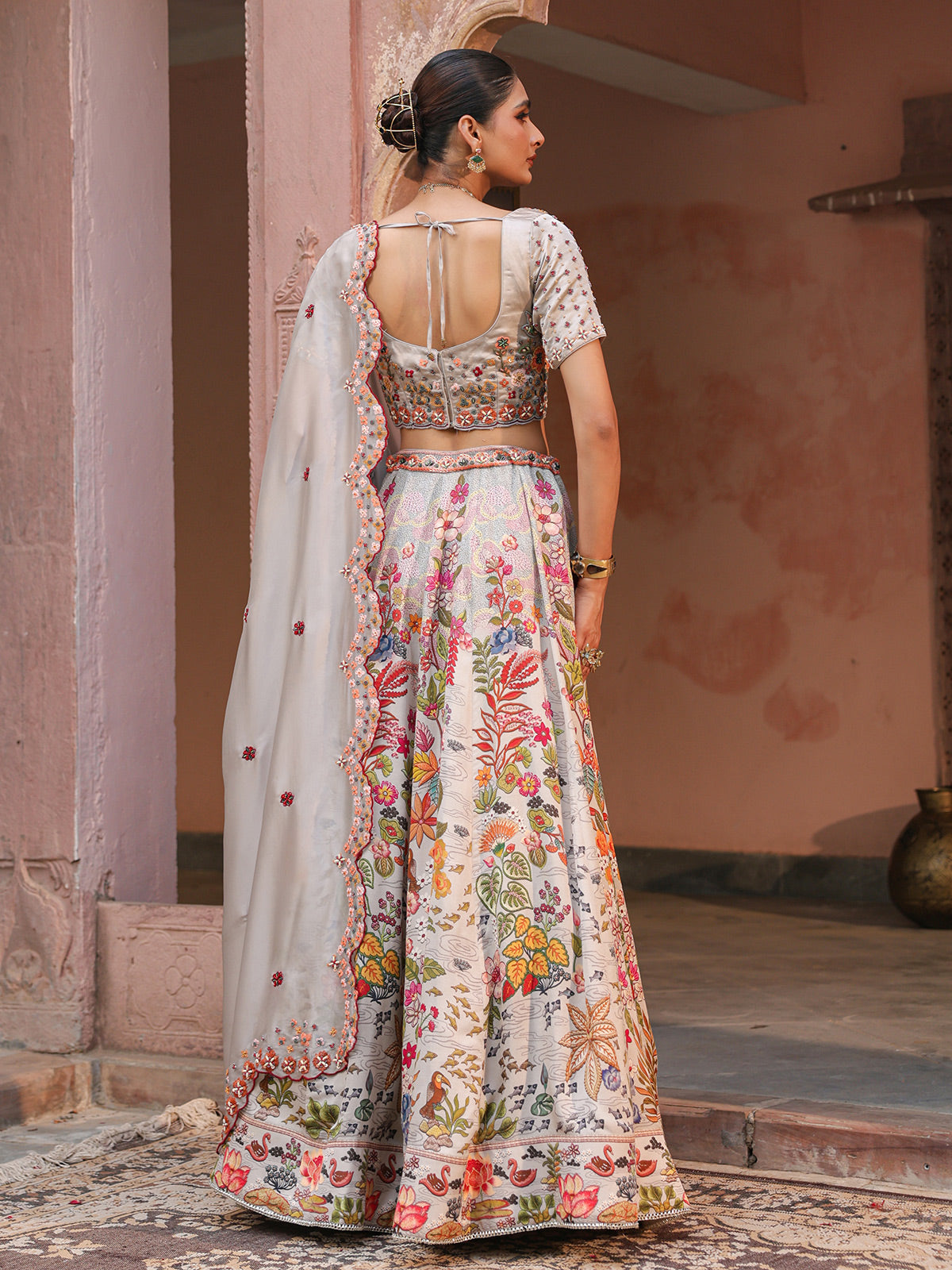 Cloud grey floral printed lehenga choli with elegant dupatta
