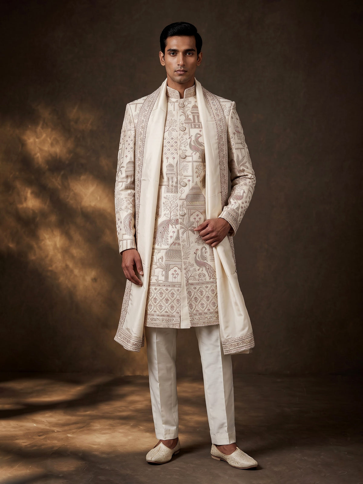 Cream silk royal groom indowestern set with embellished detailing