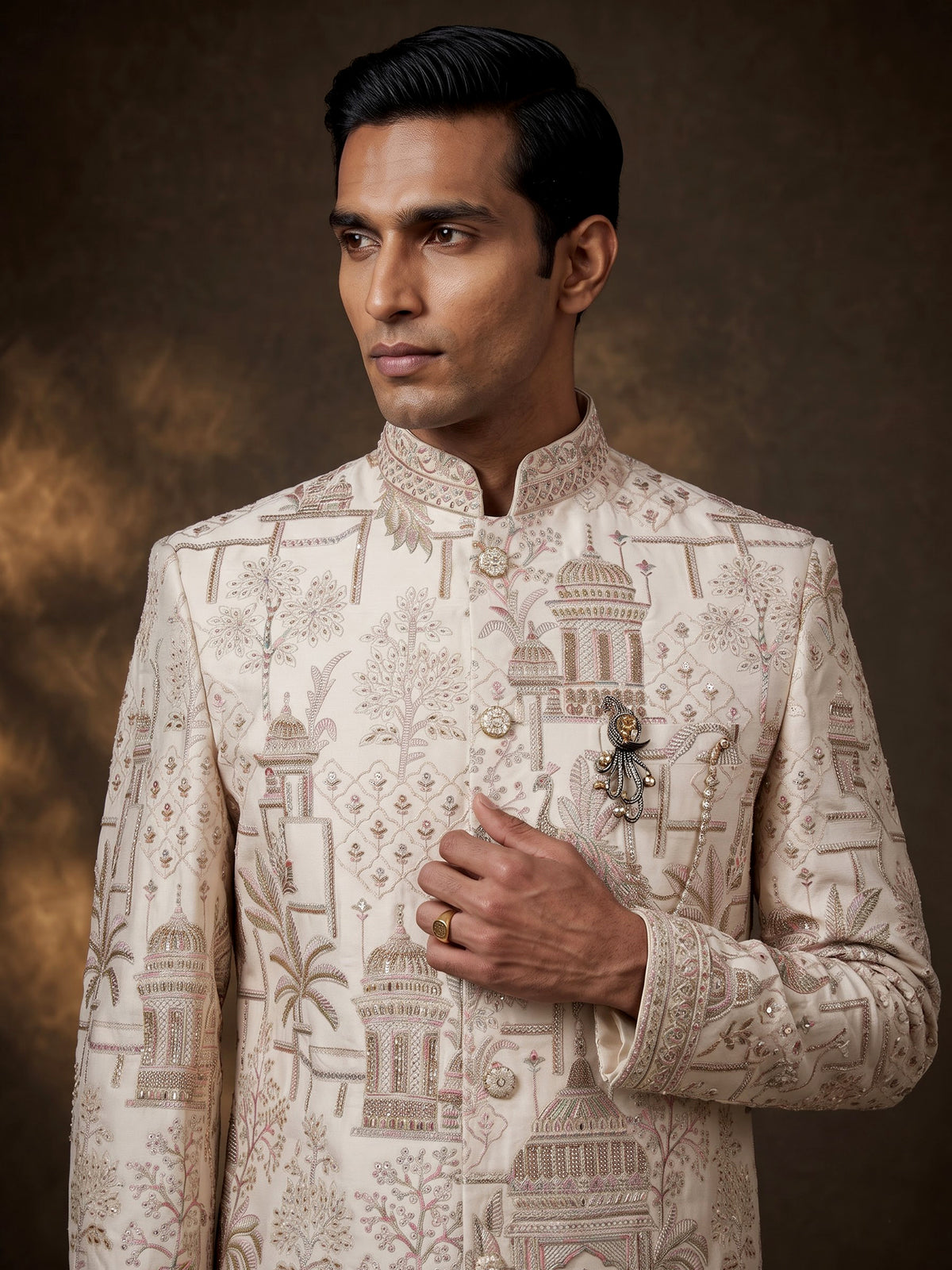 Cream silk royal groom indowestern set with embellished detailing