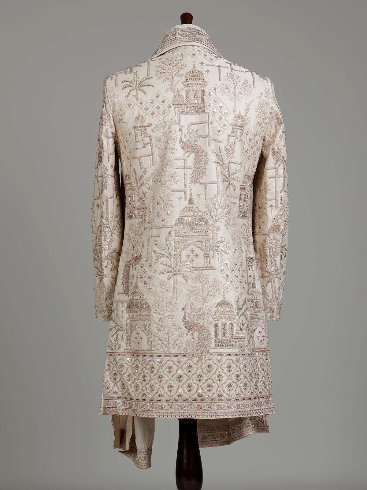 Cream silk royal groom indowestern set with embellished detailing