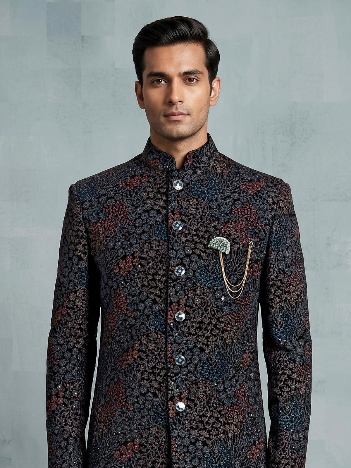 Black georgette embroidered bandhgala indowestern set for mens weddings