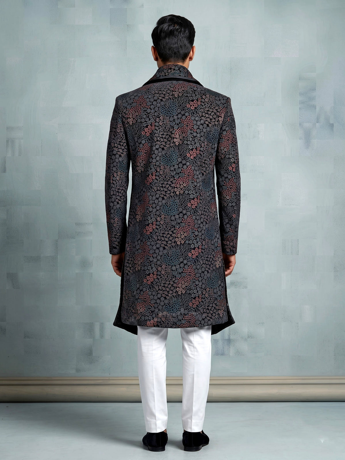 Black georgette embroidered bandhgala indowestern set for mens weddings