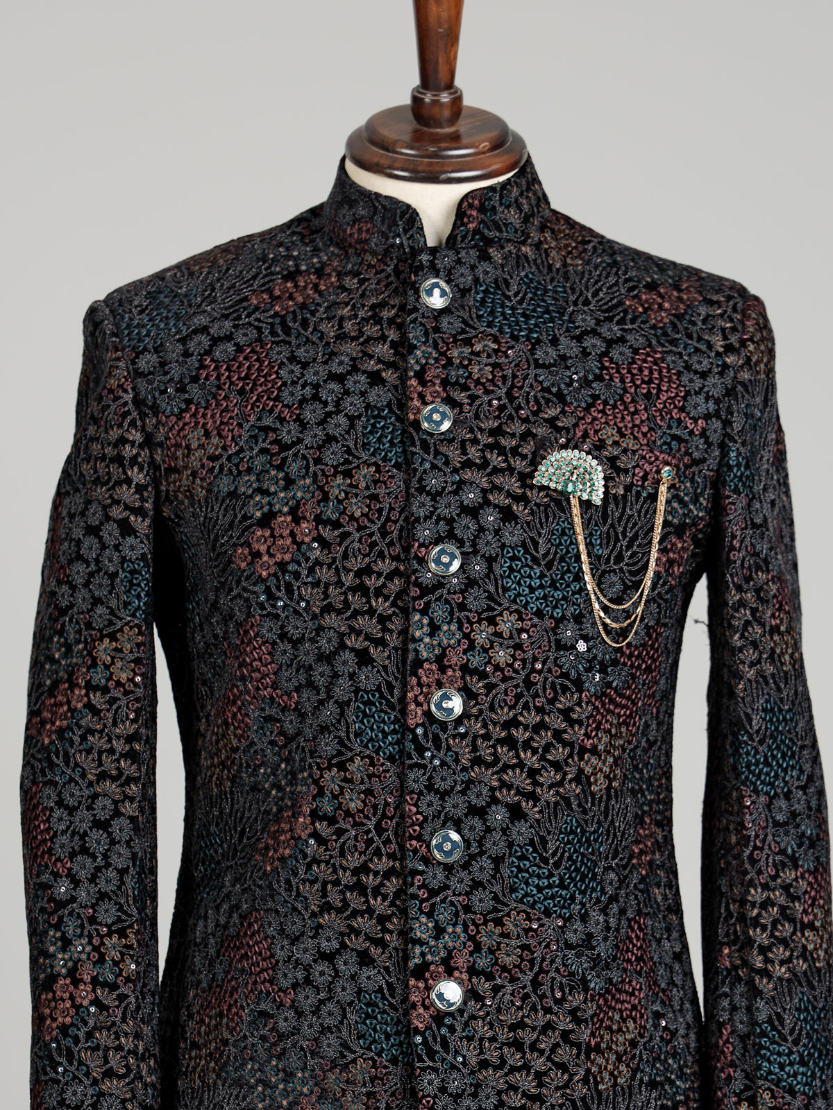 Black georgette embroidered bandhgala indowestern set for mens weddings