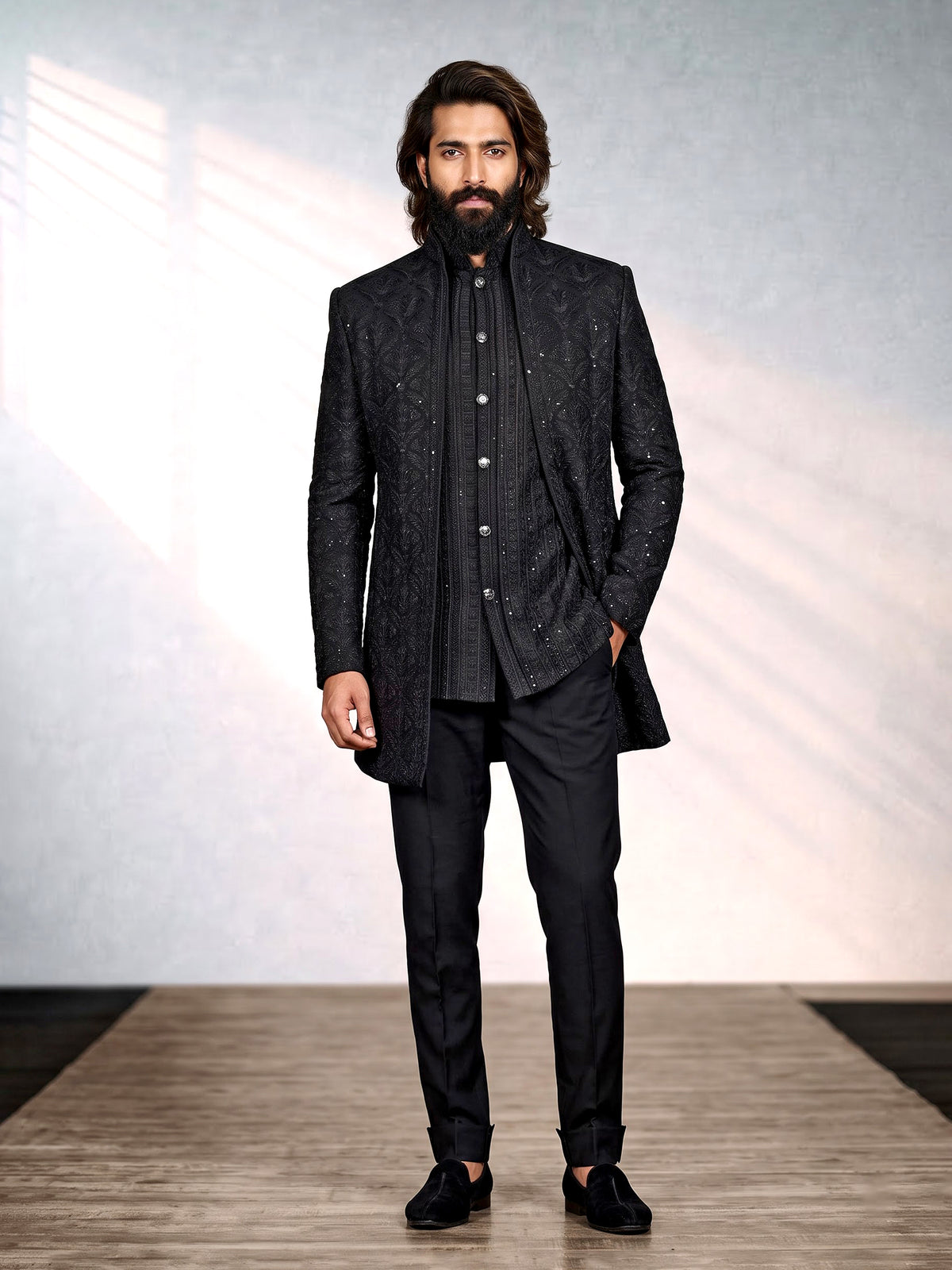 Black sequined cotton blend overlay indowestern set for mens weddings