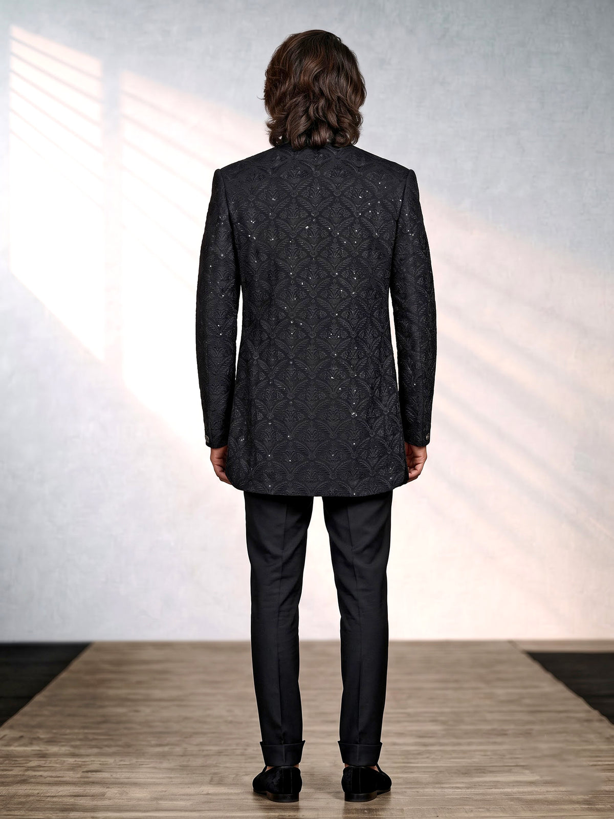 Black sequined cotton blend overlay indowestern set for mens weddings