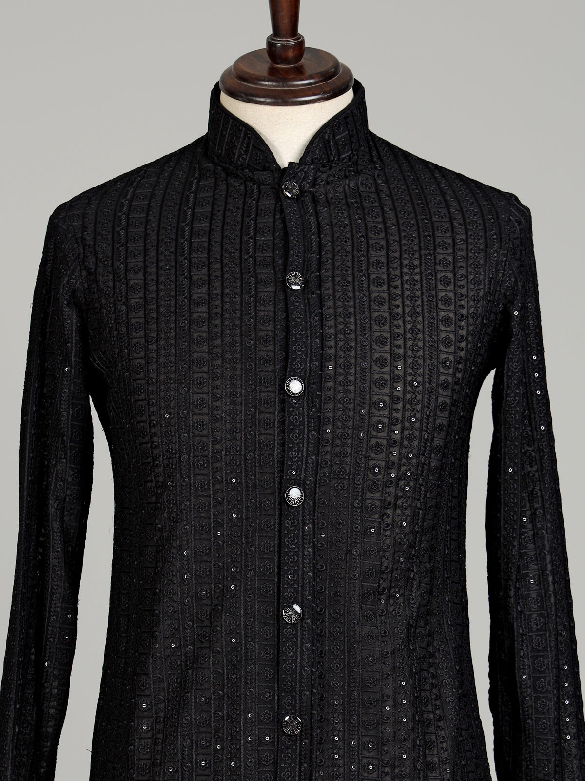 Black sequined cotton blend overlay indowestern set for mens weddings