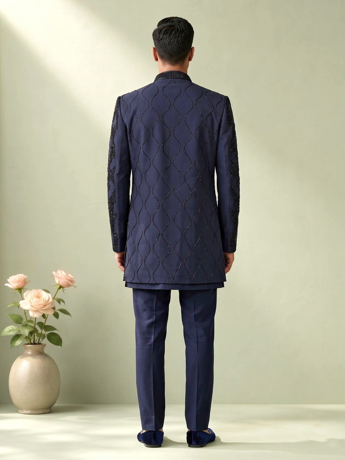 Navy terry rayon layered bandhgala indowestern set for mens weddings
