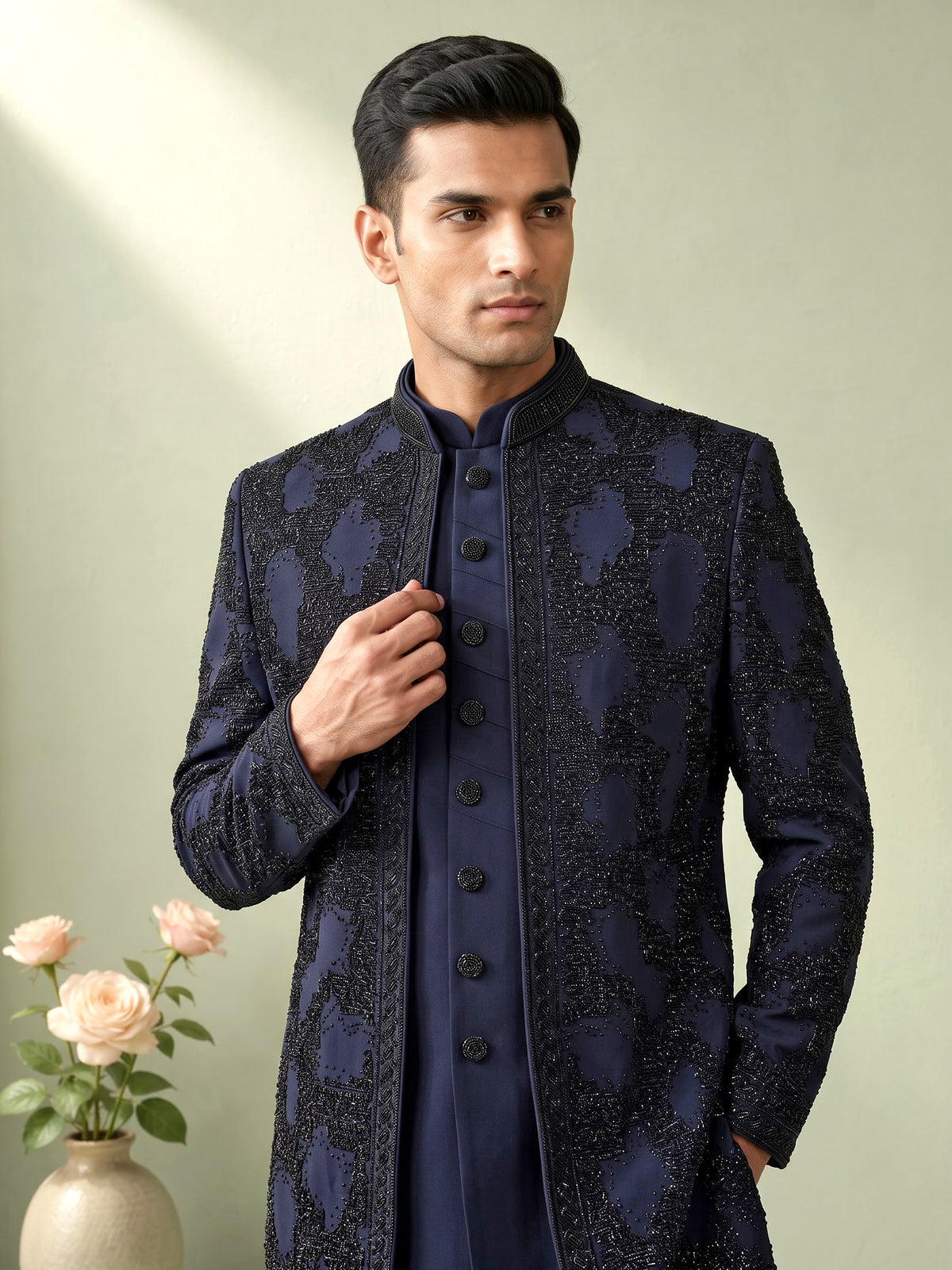 Navy terry rayon layered bandhgala indowestern set for mens weddings