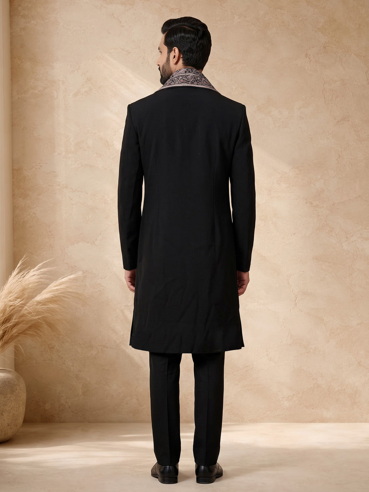 Black terry rayon embellished indowestern set for mens weddings