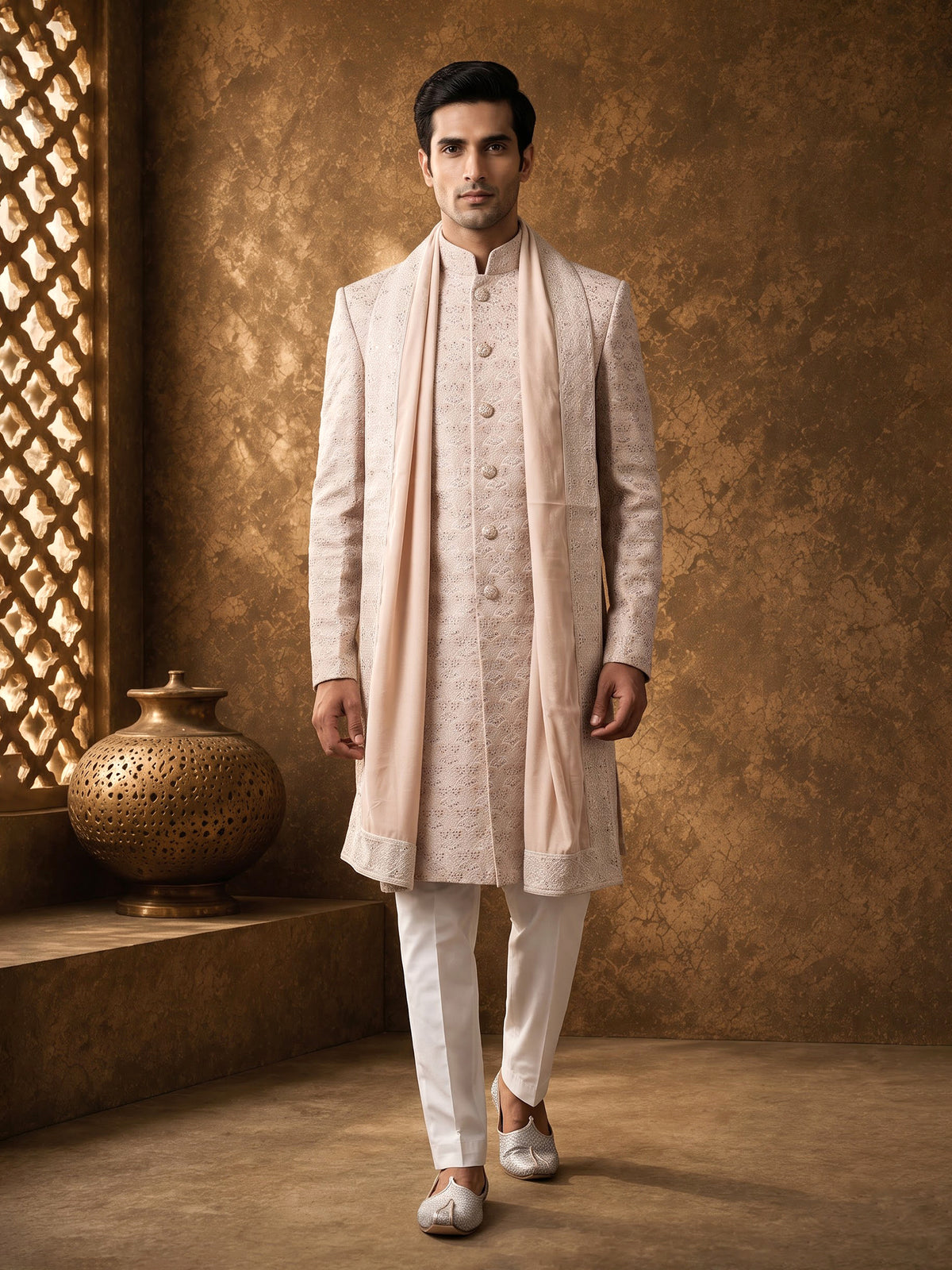Light peach velvet embroidered achkan indowestern set for mens weddings