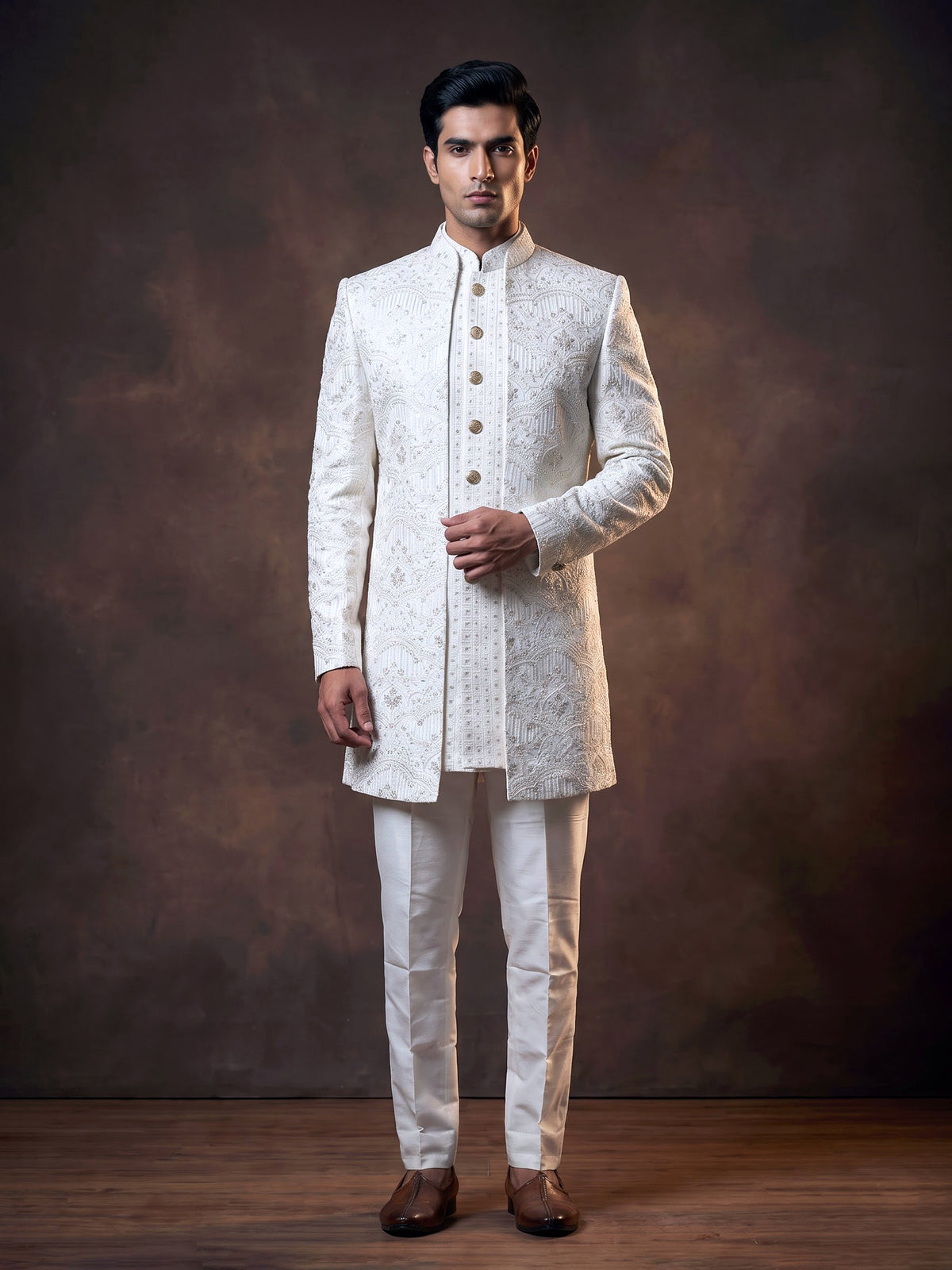 White architectural premium mens indo western