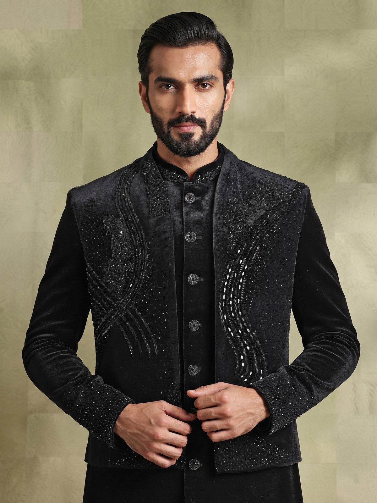 Black velvet embellished structured bandhgala indowestern set for mens