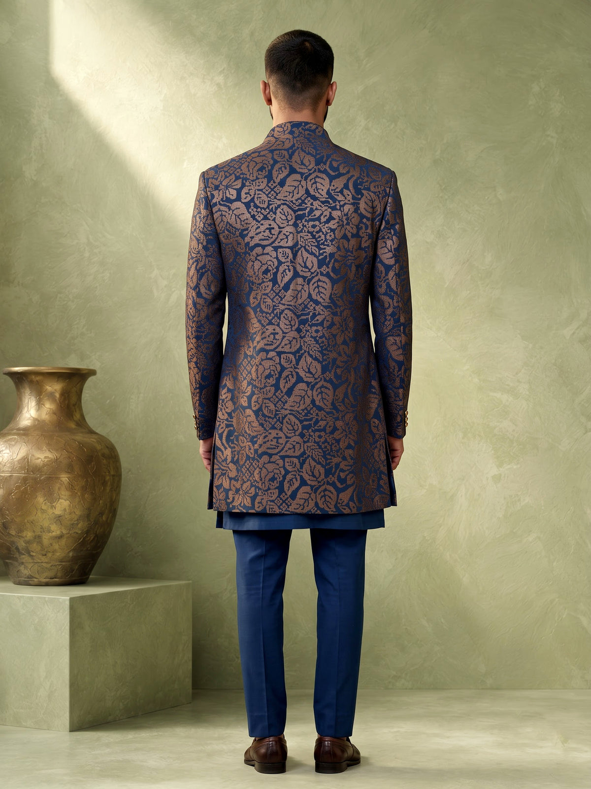 Teal blue brocade mens indo western
