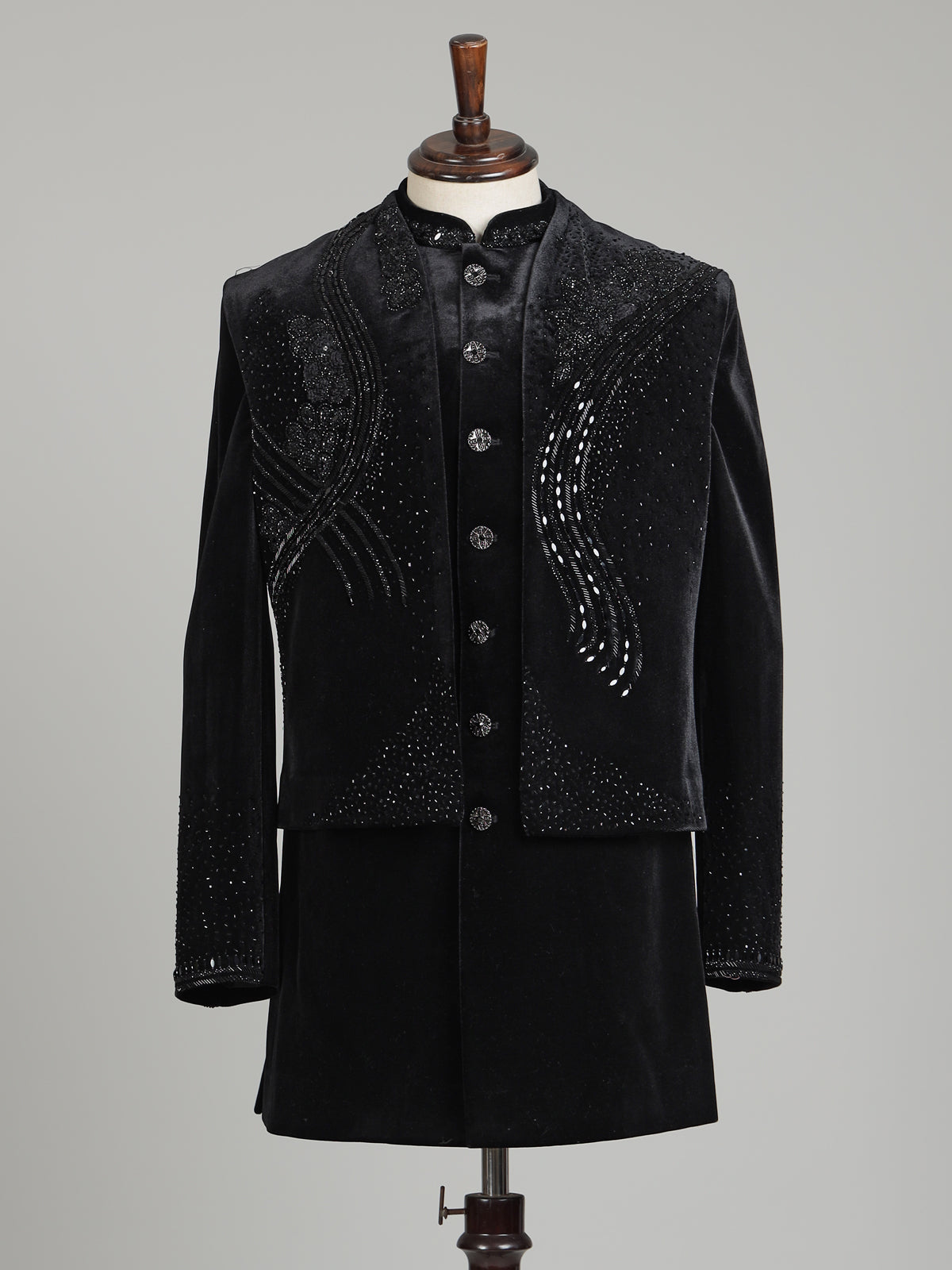 Black velvet embellished structured bandhgala indowestern set for mens