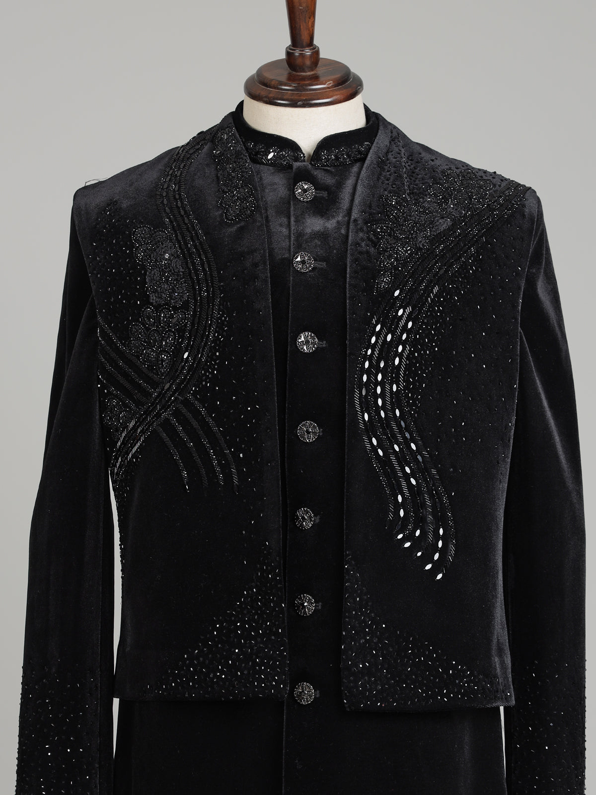 Black velvet embellished structured bandhgala indowestern set for mens