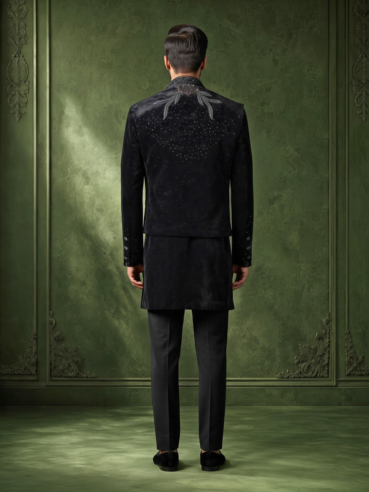 Black velvet Swarovski zardosi overlay indowestern set for mens