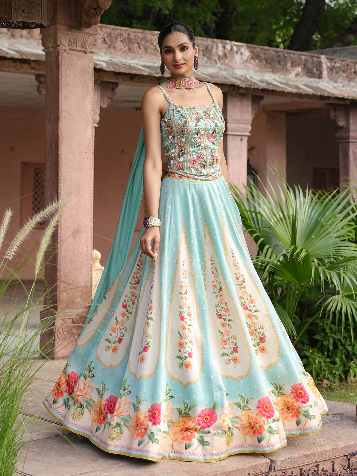 Sky blue floral lehenga choli with elegant embellished dupatta