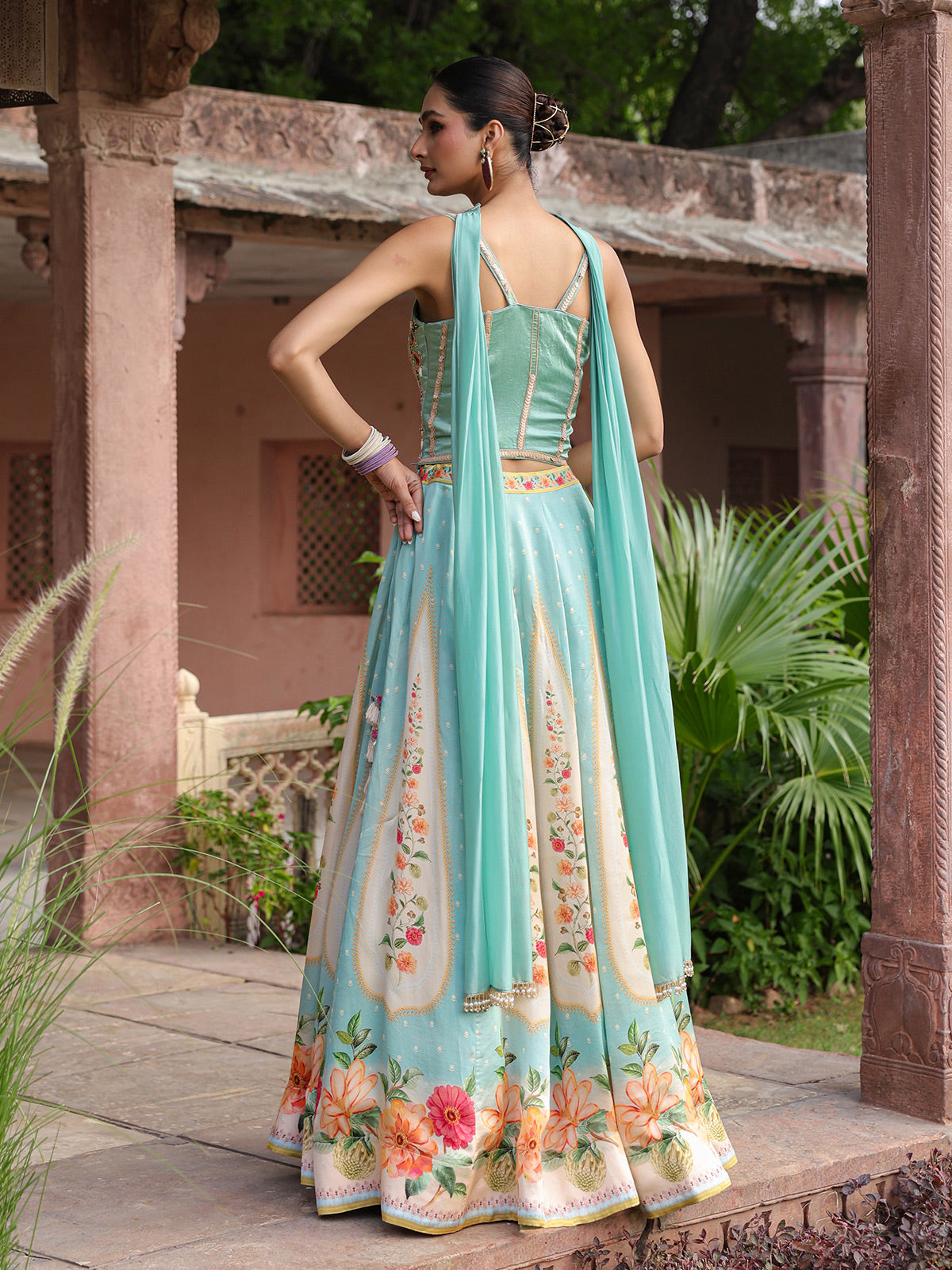 Sky blue floral lehenga choli with elegant embellished dupatta