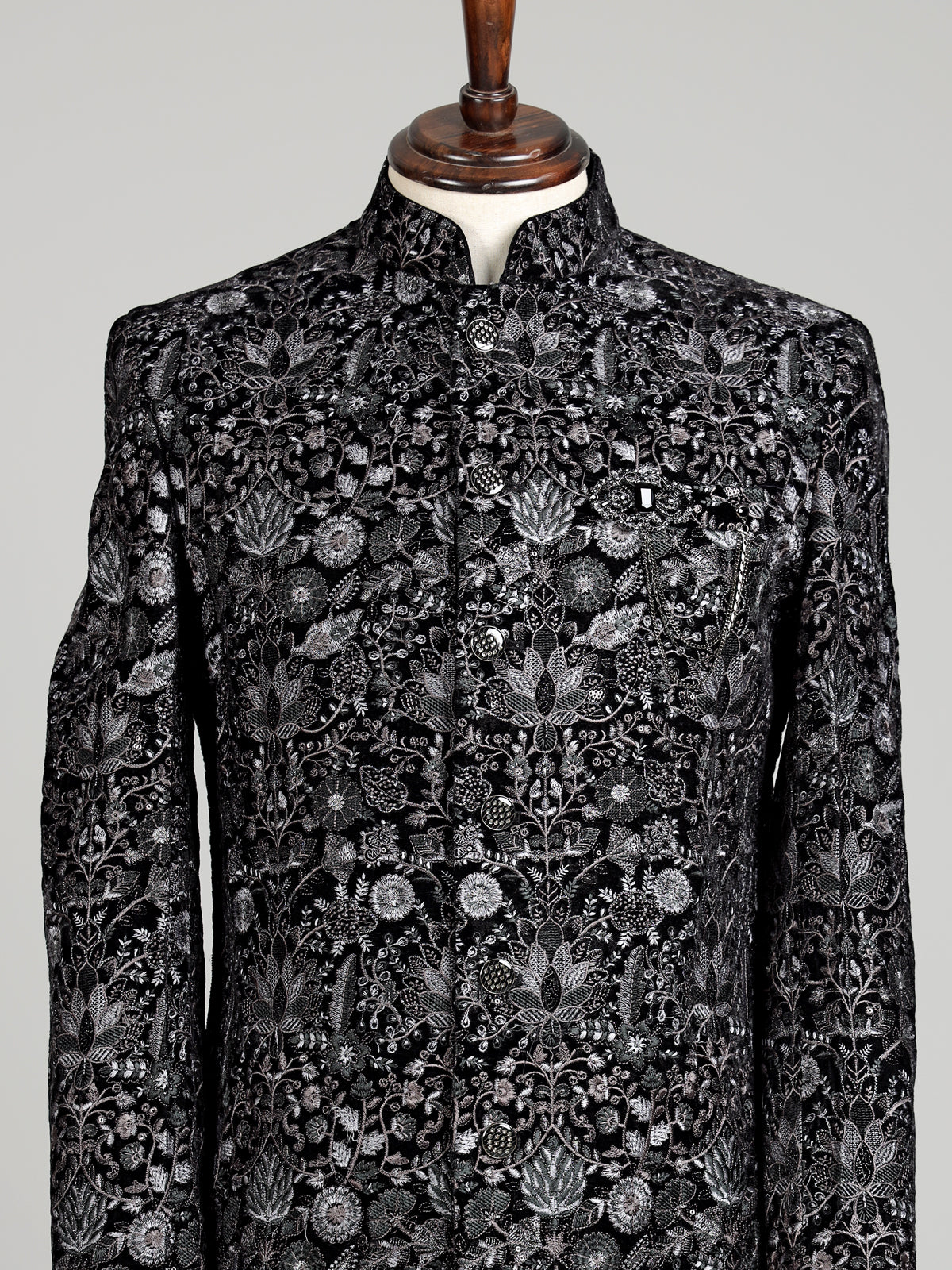 Black georgette slim fit bandhgala indowestern set for mens weddings