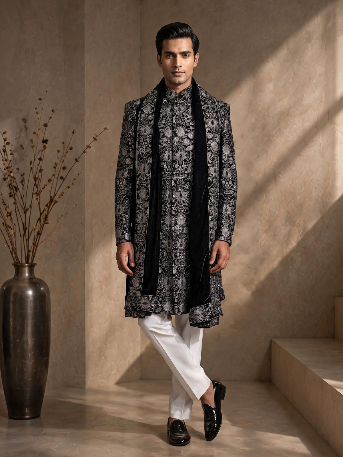 Black georgette sequined mandarin neck indowestern set for mens