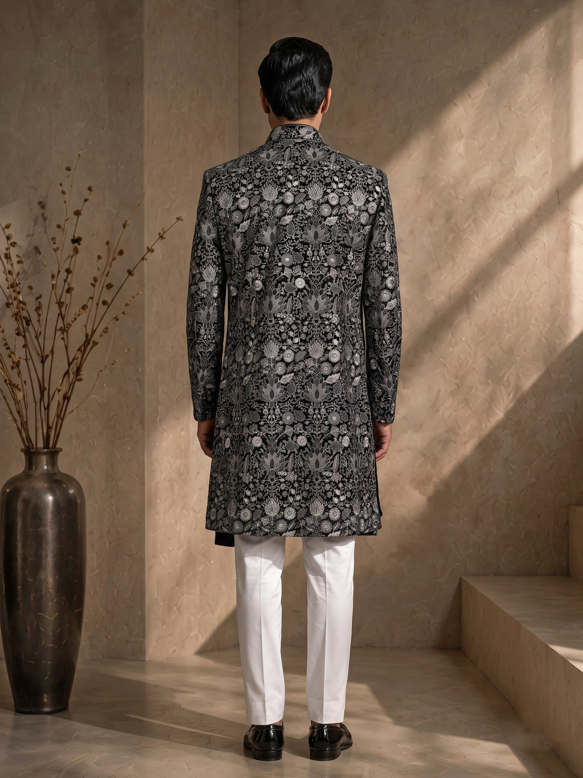 Black georgette sequined mandarin neck indowestern set for mens