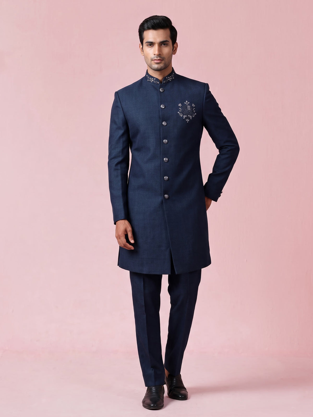 Peacock blue royal crest mens indo western