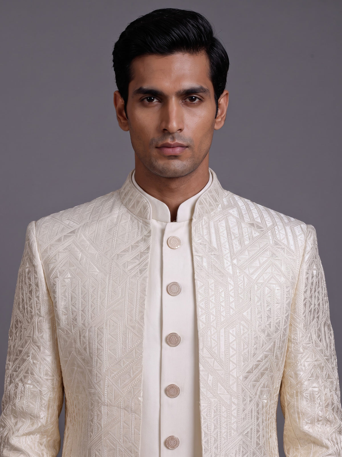 Cream architectural mens indo western
