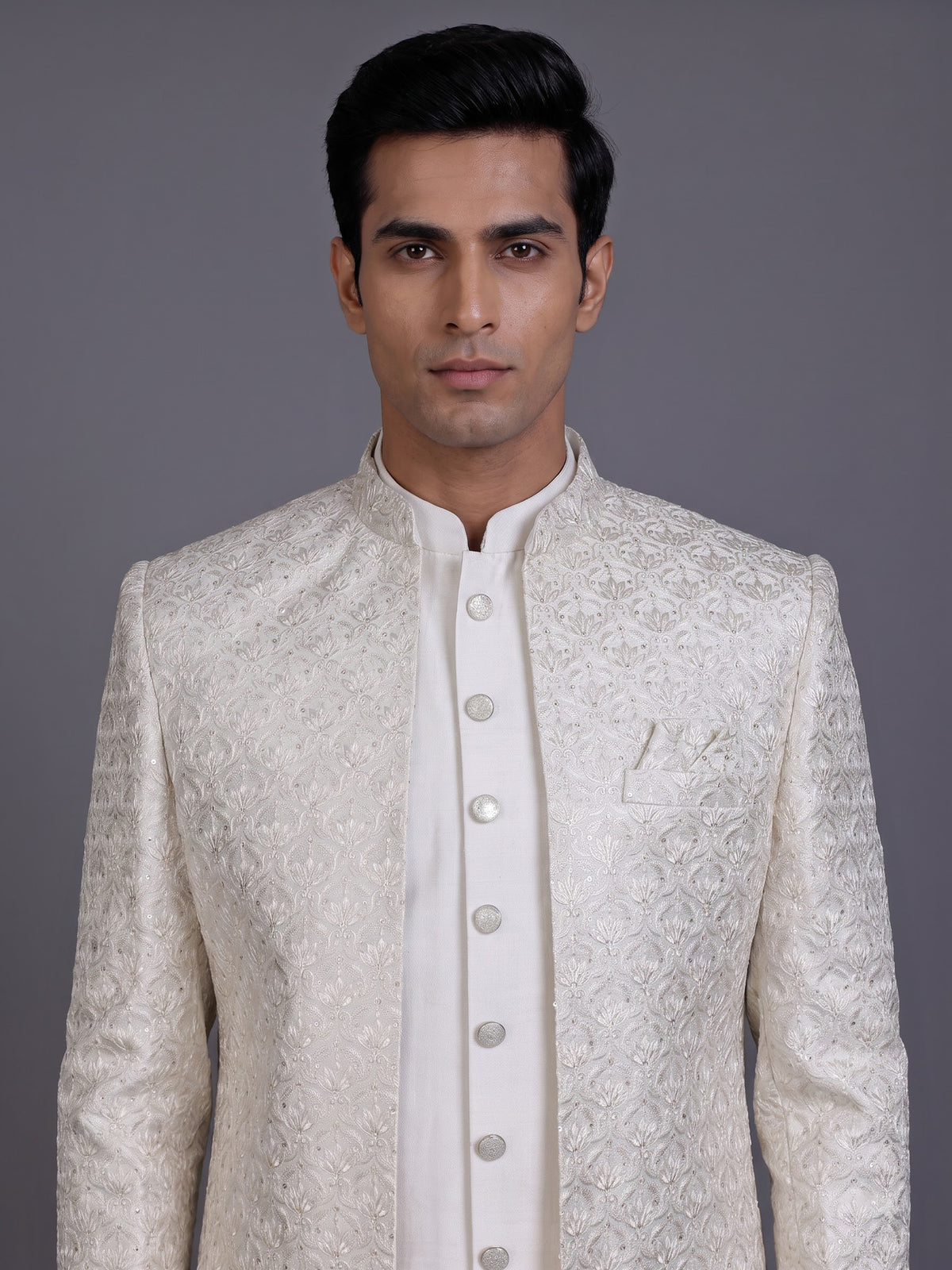 White jacquard silk mens indo western