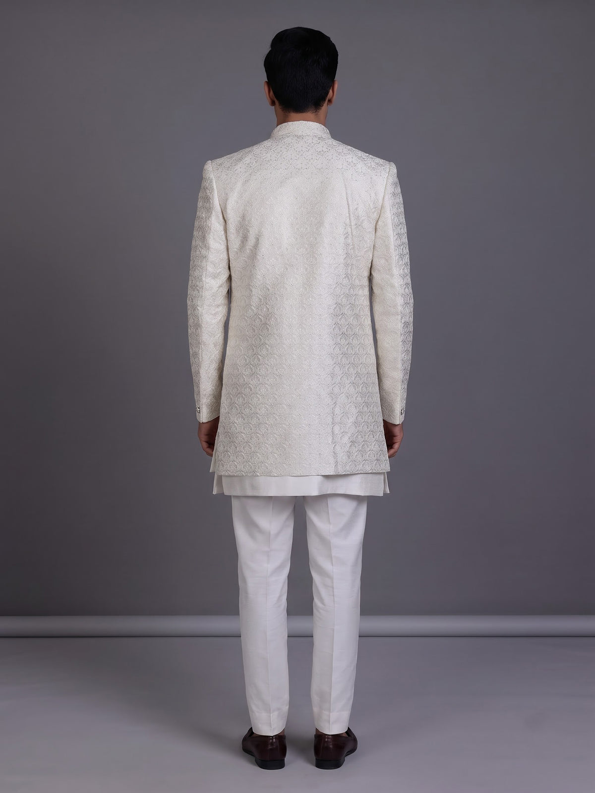 White jacquard silk mens indo western