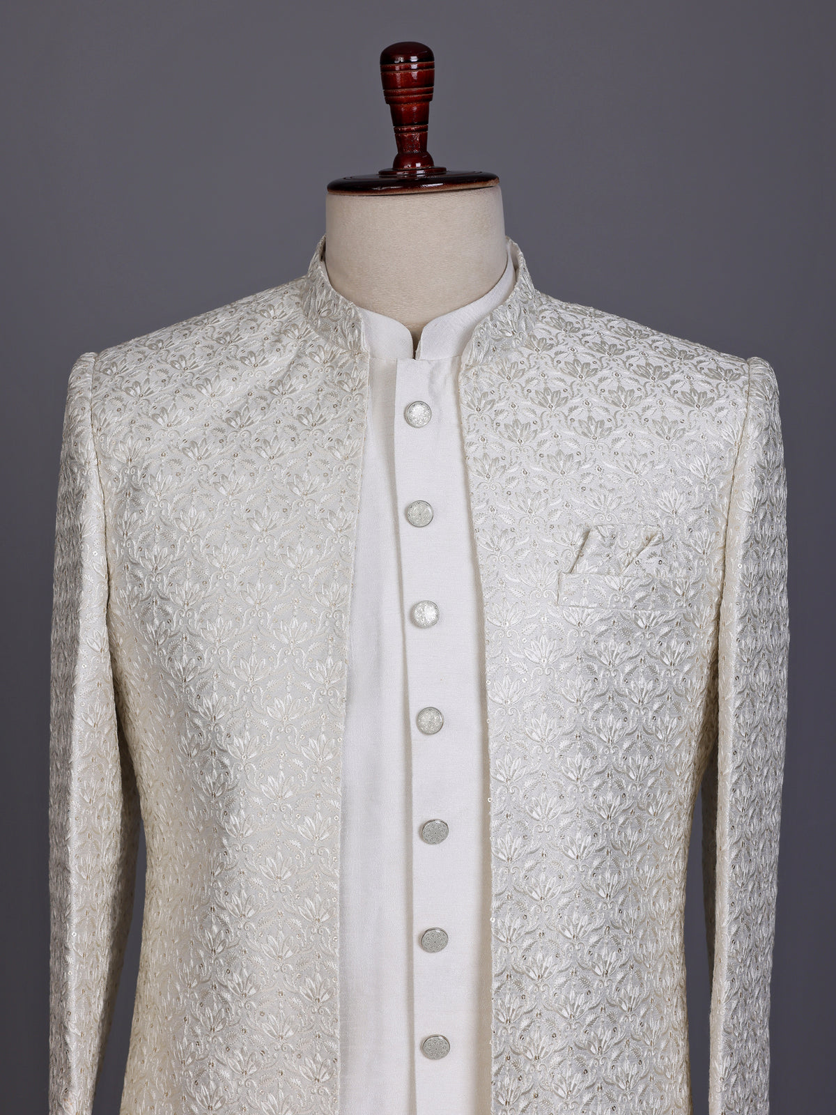 White jacquard silk mens indo western