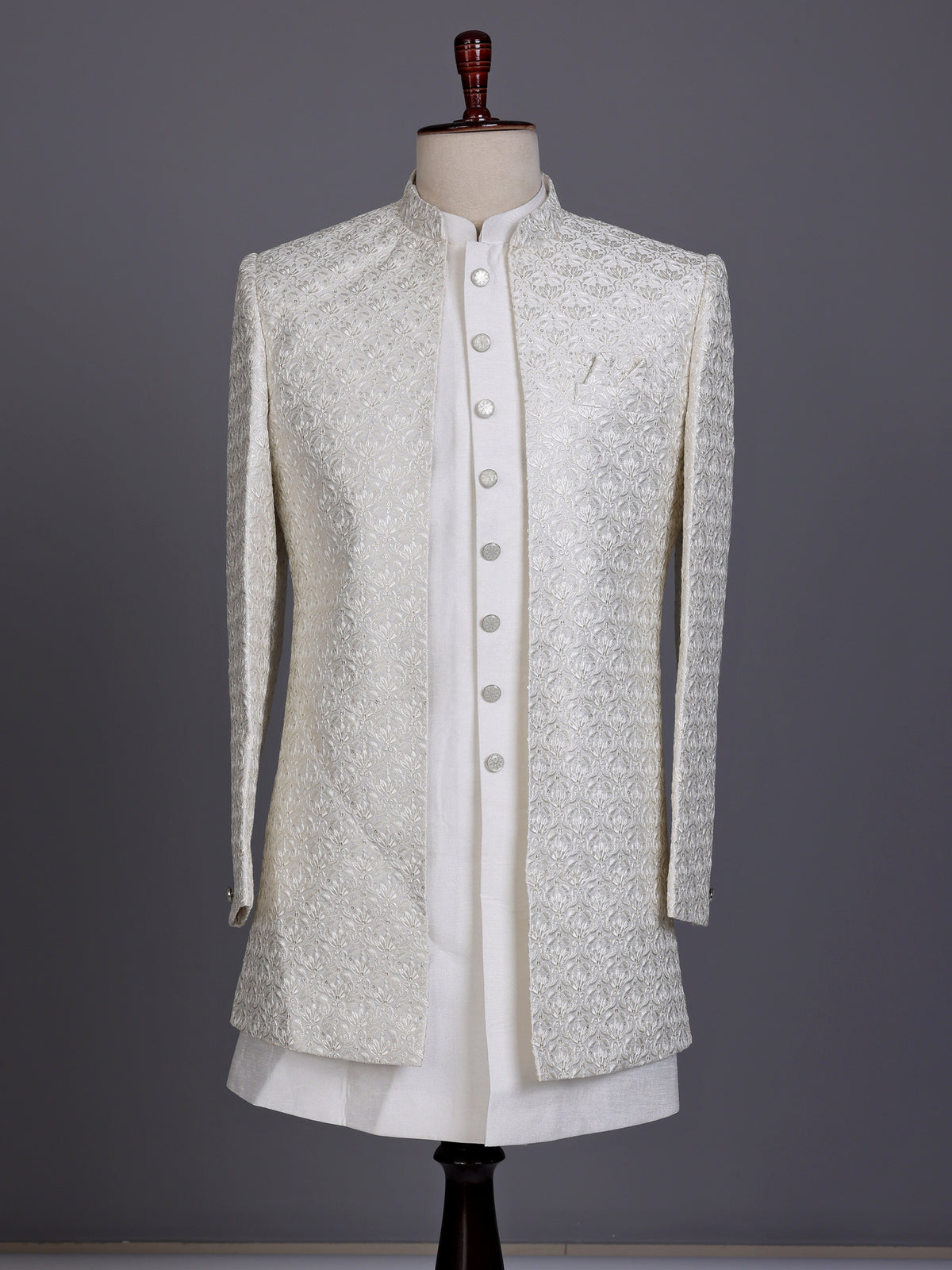 White jacquard silk mens indo western