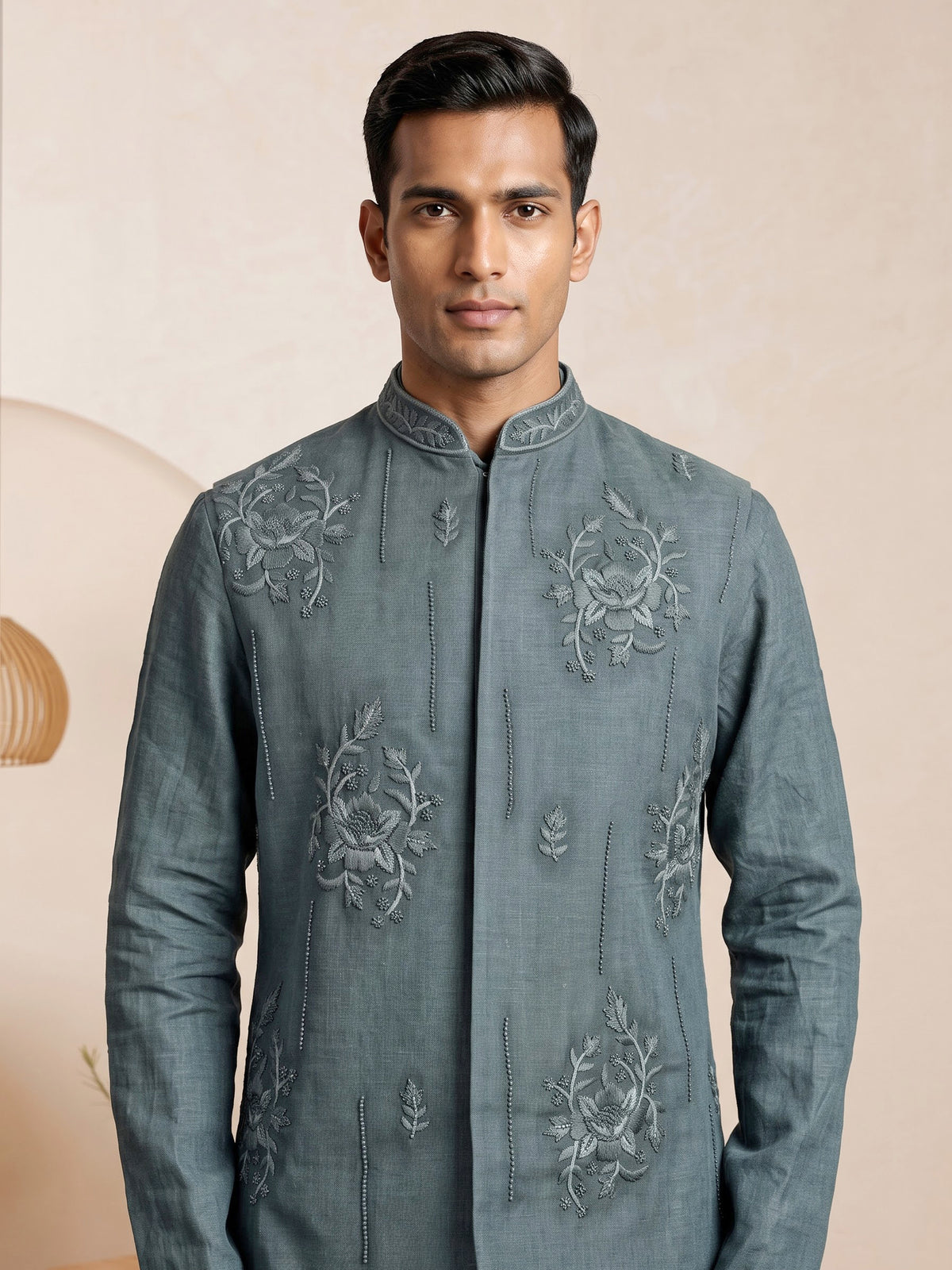Slate grey floral linen silk waistcoat set for mens weddings