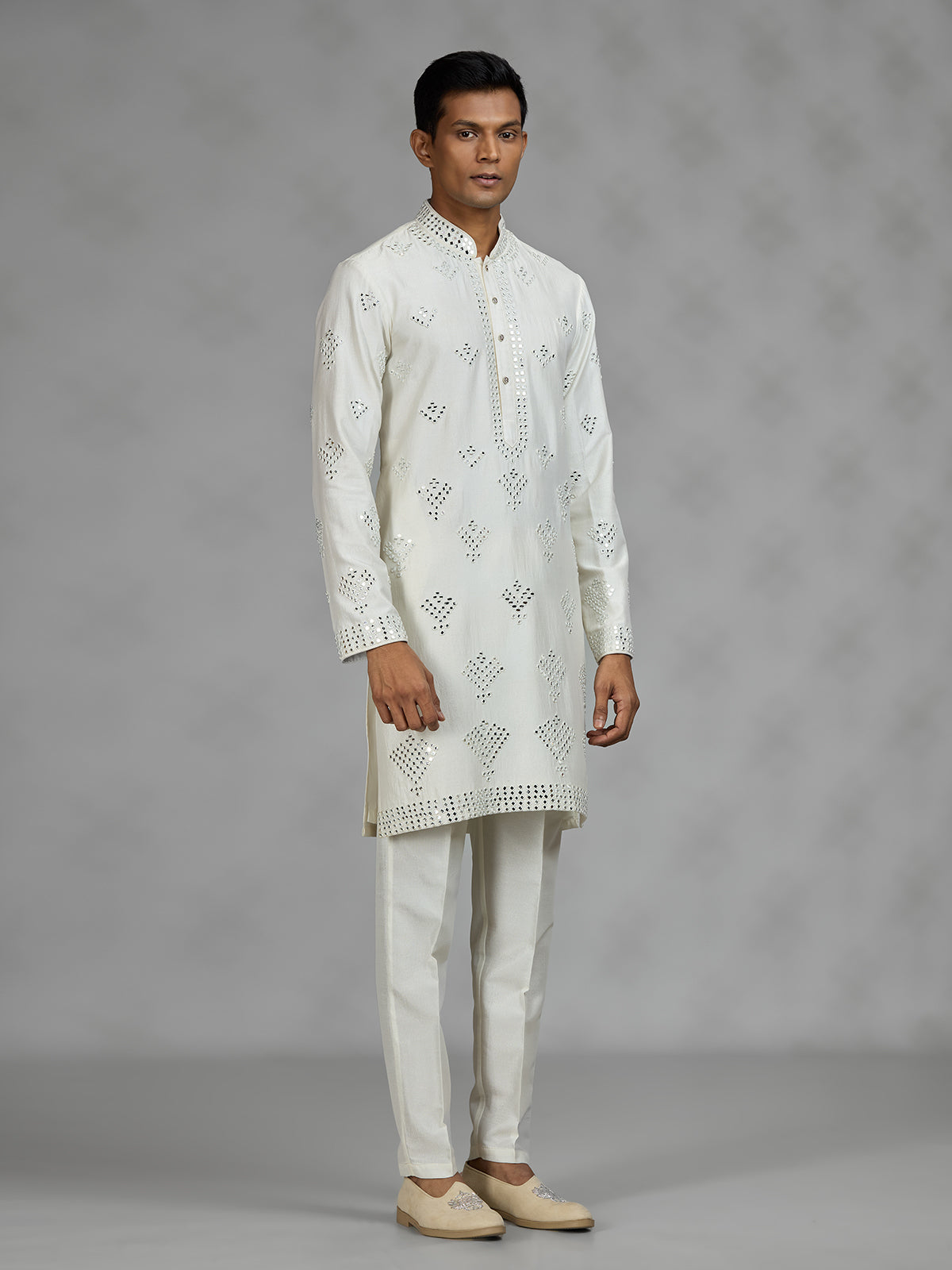 Off white embroidered mens kurta pajama