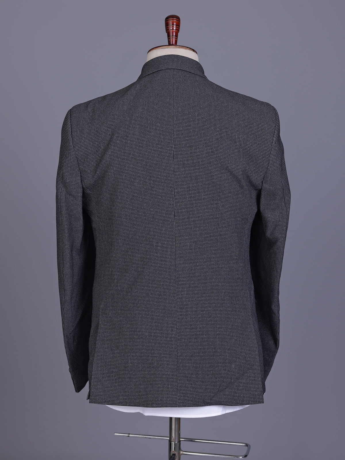 Charcoal grey double-breasted suit with black satin lapels