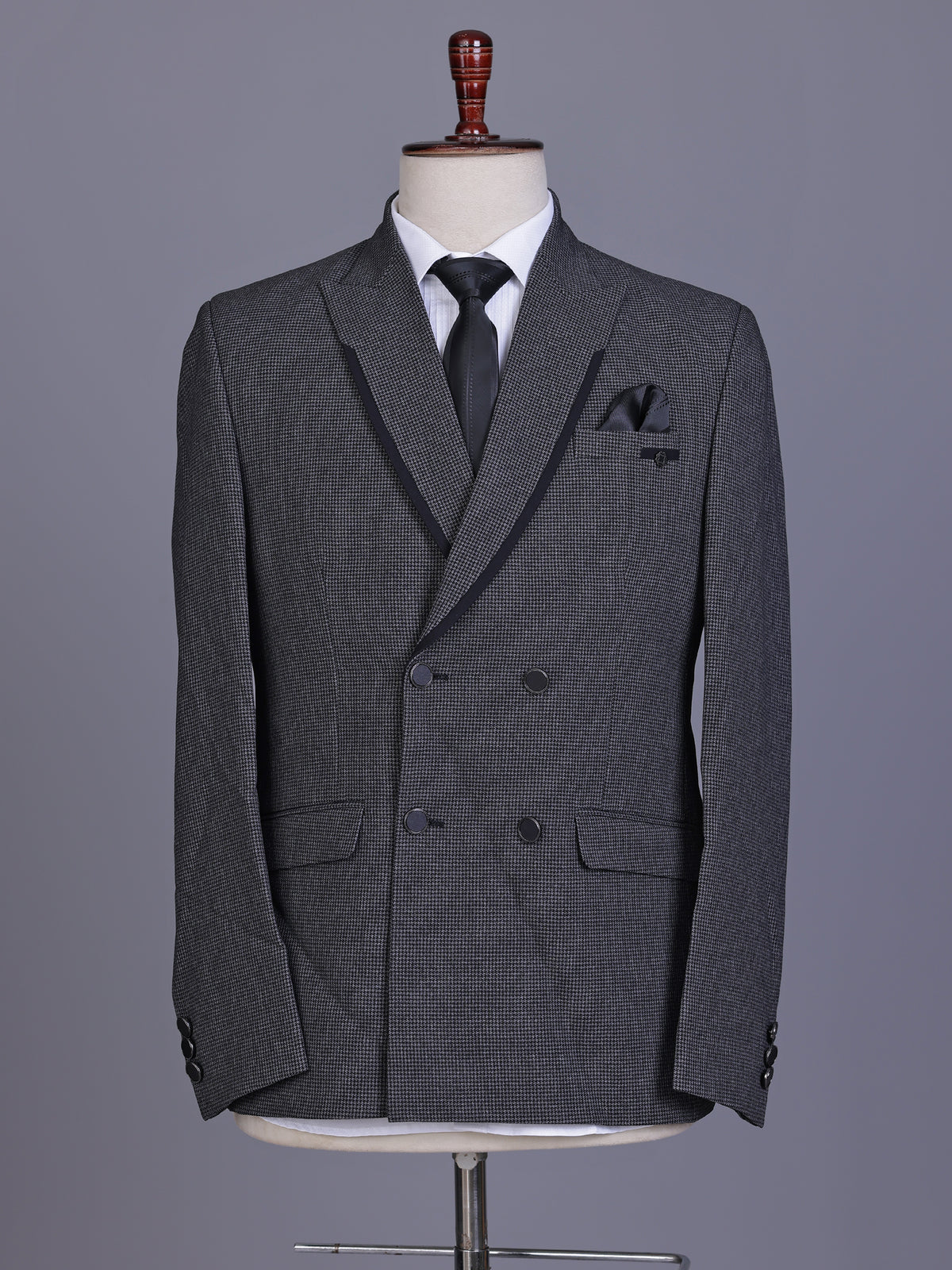 Charcoal grey double-breasted suit with black satin lapels