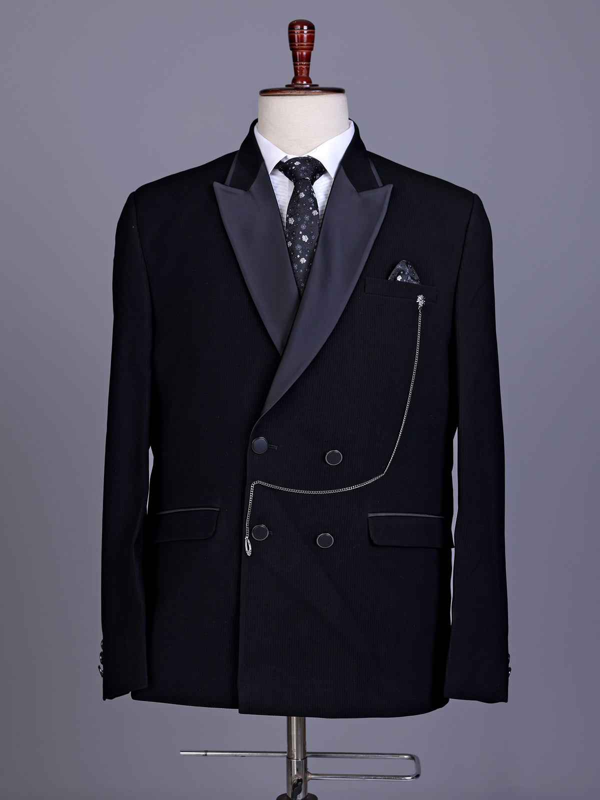 Black terry rayon double-breasted tuxedo suit with crystal brooch