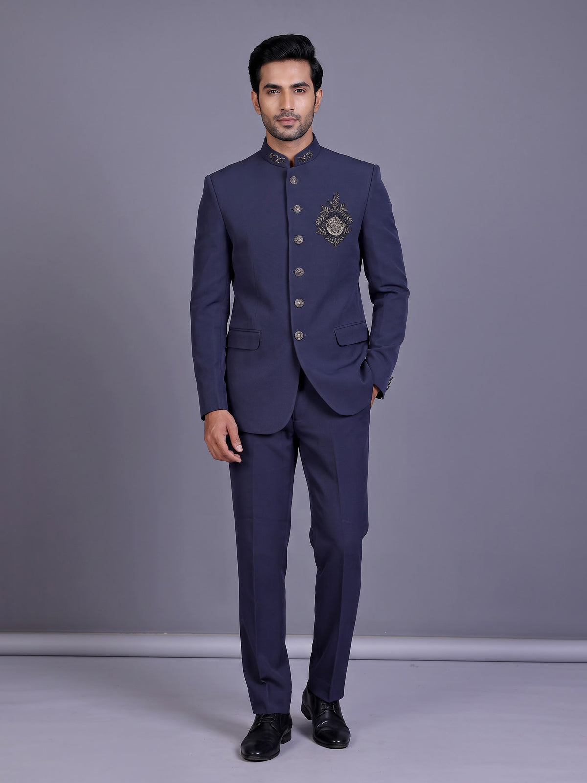 Stone blue royal crest mens jodhpuri suit