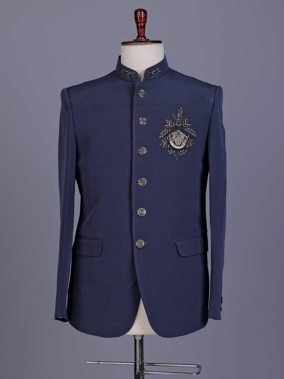 Stone blue royal crest mens jodhpuri suit