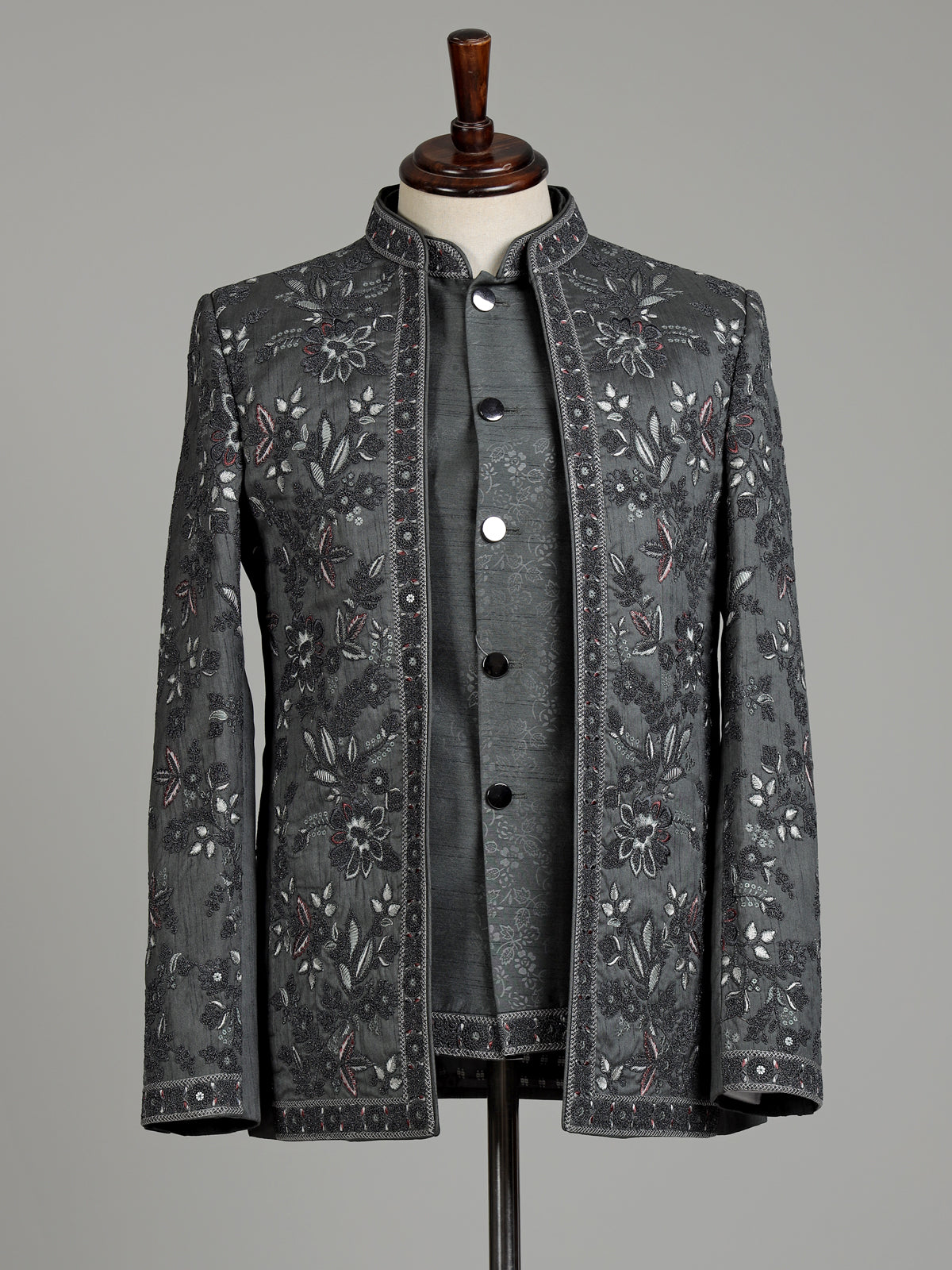 Charcoal grey raw silk jodhpuri suit for mens with resham work